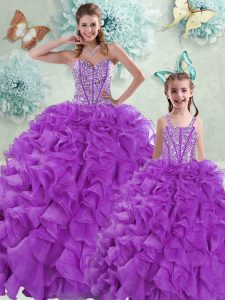 Eggplant Purple Ball Gowns Beading and Ruffles Vestidos de Quinceanera Lace Up Organza Sleeveless With Train