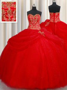 Fantastic Beading and Pick Ups Quinceanera Gown Red Lace Up Sleeveless Floor Length