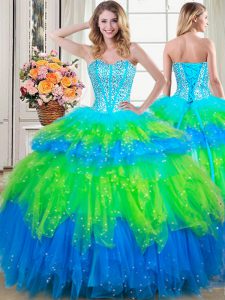 Lovely Multi-color Ball Gowns Beading and Ruffled Layers Quince Ball Gowns Lace Up Tulle Sleeveless Floor Length