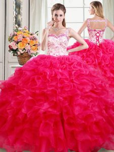 Straps Floor Length Ball Gowns Sleeveless Hot Pink Quinceanera Gown Lace Up