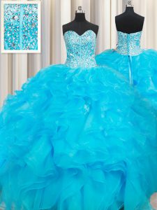 Custom Made Floor Length Baby Blue Quinceanera Dresses Organza Sleeveless Beading and Ruffles