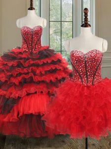 Three Piece Ruffled Sweetheart Sleeveless Lace Up Quince Ball Gowns Black and Red Organza