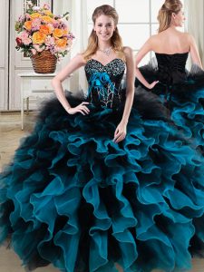 Eye-catching Organza and Tulle Sweetheart Sleeveless Lace Up Beading and Ruffles and Hand Made Flower Quince Ball Gowns in Black and Blue
