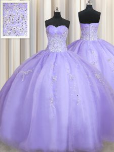 Lavender Ball Gowns Sweetheart Sleeveless Organza Floor Length Zipper Beading Quinceanera Gown