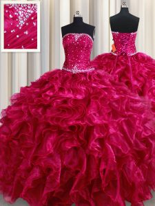 Fuchsia Ball Gowns Strapless Sleeveless Organza Floor Length Lace Up Beading and Ruffles Quince Ball Gowns