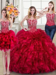 Low Price Three Piece Organza Sweetheart Sleeveless Brush Train Lace Up Beading and Ruffles Quince Ball Gowns in Red