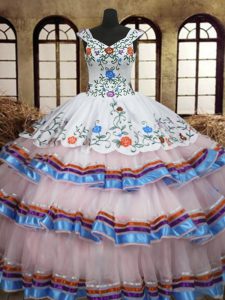 Shining Straps Embroidery and Ruffled Layers Quinceanera Gown White Lace Up Sleeveless Floor Length