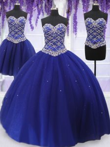 Customized Three Piece Sleeveless Lace Up Floor Length Beading Quinceanera Gown