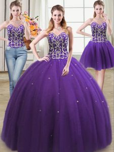 Best Selling Three Piece Sleeveless Floor Length Beading Lace Up Quinceanera Gown with Purple
