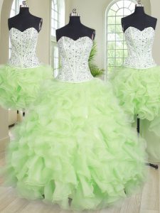 Comfortable Four Piece Yellow Green Lace Up Quinceanera Dresses Beading and Ruffles Sleeveless Floor Length