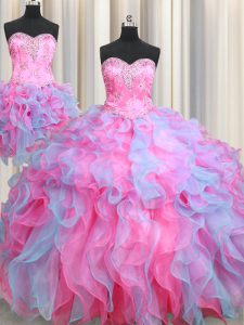 Three Piece Multi-color Organza Lace Up Sweet 16 Quinceanera Dress Sleeveless Floor Length Beading and Ruffles