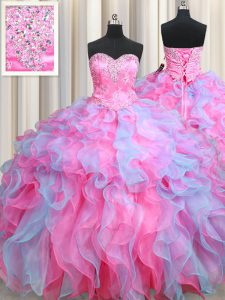 Cute Sleeveless Floor Length Beading and Ruffles Lace Up Vestidos de Quinceanera with Multi-color