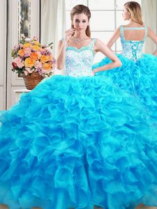Affordable Baby Blue Ball Gowns Organza Straps Sleeveless Beading and Ruffles Floor Length Lace Up Sweet 16 Dress