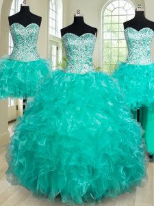 Four Piece Turquoise Sleeveless Beading and Ruffles Floor Length Quinceanera Gowns