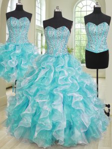 Flirting Three Piece Blue And White Lace Up Sweetheart Beading and Ruffles Quinceanera Gown Organza Sleeveless