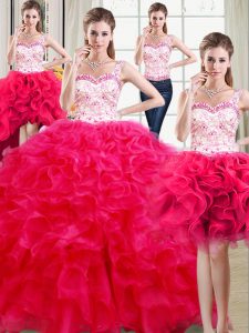Adorable Four Piece Straps Floor Length Ball Gowns Sleeveless Hot Pink 15th Birthday Dress Lace Up