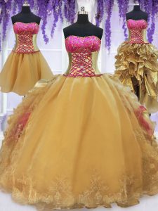 Spectacular Four Piece Hot Pink and Gold Lace Up Strapless Beading and Lace and Ruffles Quinceanera Dress Organza and Taffeta Sleeveless Brush Train