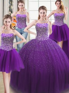 Four Piece Sweetheart Sleeveless 15th Birthday Dress Floor Length Beading Purple Tulle