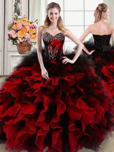 Dynamic Black and Red Sleeveless Beading and Ruffles and Hand Made Flower Floor Length Quince Ball Gowns