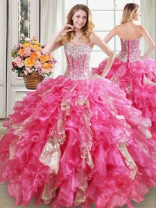 Traditional Hot Pink Lace Up Quinceanera Gowns Beading and Ruffles and Sequins Sleeveless Floor Length