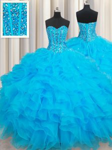 Sweetheart Sleeveless Sweet 16 Dresses Floor Length Beading and Ruffles Baby Blue Organza