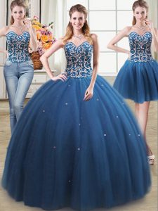 New Style Three Piece Teal Tulle Lace Up Sweet 16 Dress Sleeveless Floor Length Beading