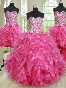 Perfect Four Piece Sleeveless Beading and Ruffles Lace Up Quinceanera Gown