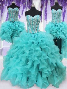 Luxurious Four Piece Floor Length Aqua Blue Sweet 16 Quinceanera Dress Organza Sleeveless Beading and Ruffles