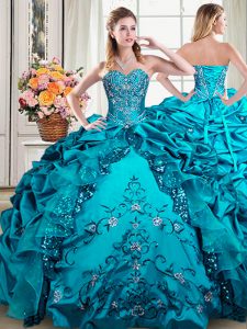 Pretty Floor Length Lace Up Ball Gown Prom Dress Teal for Military Ball and Sweet 16 and Quinceanera with Beading and Embroidery and Pick Ups
