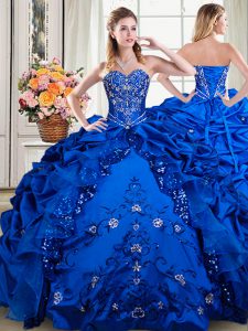 Discount Sleeveless Organza and Taffeta Floor Length Lace Up Vestidos de Quinceanera in Royal Blue with Beading and Embroidery and Pick Ups