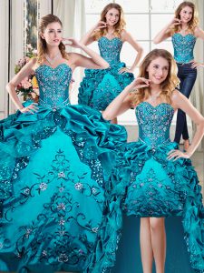 Glittering Four Piece Pick Ups Ball Gowns Quinceanera Gowns Teal Sweetheart Organza and Taffeta Sleeveless Floor Length Lace Up