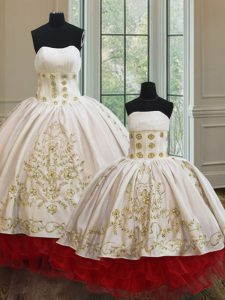 Inexpensive White and Red Ball Gowns Embroidery and Ruffled Layers Vestidos de Quinceanera Lace Up Organza and Taffeta Sleeveless Floor Length