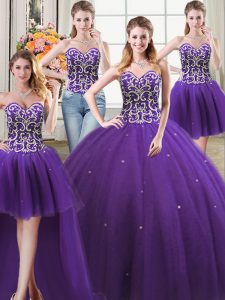 Flare Four Piece Purple Ball Gowns Tulle Sweetheart Sleeveless Beading Floor Length Lace Up 15th Birthday Dress