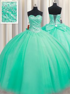 Discount Turquoise Ball Gowns Sweetheart Sleeveless Tulle Floor Length Lace Up Beading and Bowknot Party Dress for Toddlers