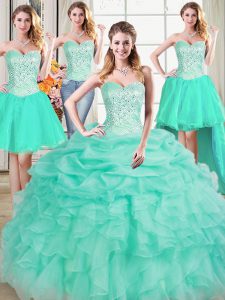 Popular Four Piece Apple Green Sweetheart Neckline Beading and Ruffles and Pick Ups Quinceanera Dress Sleeveless Lace Up