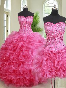 Three Piece Sweetheart Sleeveless Sweet 16 Quinceanera Dress Floor Length Beading and Ruffles Hot Pink Organza