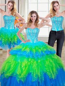 Three Piece Multi-color Sleeveless Beading and Ruffled Layers Floor Length 15th Birthday Dress