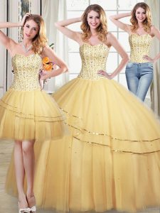 Glittering Three Piece Gold Ball Gowns Tulle Sweetheart Sleeveless Beading and Sequins Floor Length Lace Up 15 Quinceanera Dress