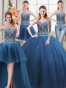 Popular Four Piece Teal Tulle Lace Up Quinceanera Gowns Sleeveless Floor Length Beading