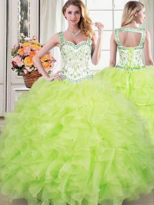 Floor Length Yellow Green 15th Birthday Dress Straps Sleeveless Lace Up