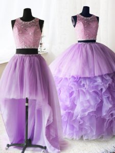 Three Piece Scoop Lilac Sleeveless Organza and Tulle Brush Train Zipper Sweet 16 Dress for Military Ball and Sweet 16 and Quinceanera