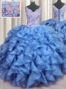 Ruffled V Neck Baby Blue Ball Gowns Appliques and Ruffles Vestidos de Quinceanera Lace Up Organza Sleeveless Floor Length