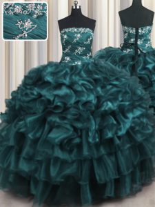 Navy Blue Sleeveless Appliques and Ruffles and Ruffled Layers Floor Length Quinceanera Gown