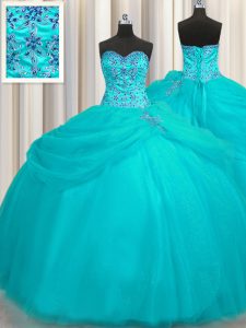 Unique Puffy Skirt Aqua Blue Lace Up Sweetheart Beading Quinceanera Gown Organza Sleeveless