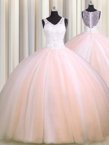 Flirting See Through Back Zipple Up V-neck Sleeveless Brush Train Zipper Quince Ball Gowns Baby Pink and Peach Tulle