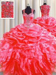 Deluxe Pick Ups Zipper Up See Through Back Floor Length Ball Gowns Sleeveless Coral Red Sweet 16 Quinceanera Dress Sweep Train Zipper