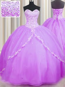 Lilac Sweet 16 Dresses Military Ball and Sweet 16 and Quinceanera and For with Beading and Appliques Sweetheart Sleeveless Brush Train Lace Up