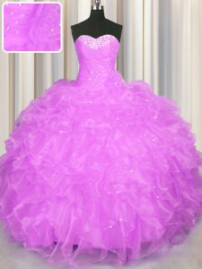 Elegant Sweetheart Sleeveless 15th Birthday Dress Floor Length Beading and Ruffles Lilac Organza