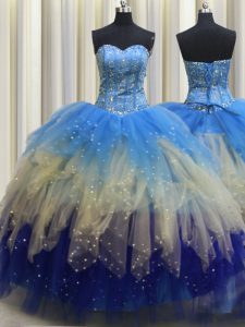 Luxurious Visible Boning Multi-color Lace Up Sweetheart Beading and Ruffles and Sequins 15th Birthday Dress Tulle Sleeveless