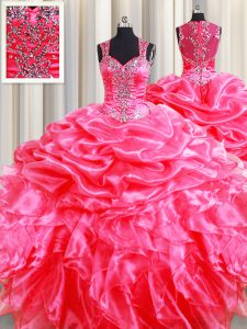 Sumptuous Zipper Up See Through Back Hot Pink Sleeveless Beading and Ruffles and Pick Ups Floor Length Quince Ball Gowns